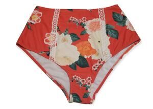 Womens Orange & Floral Print Swim Wear Bikini Bottoms - Size Medium